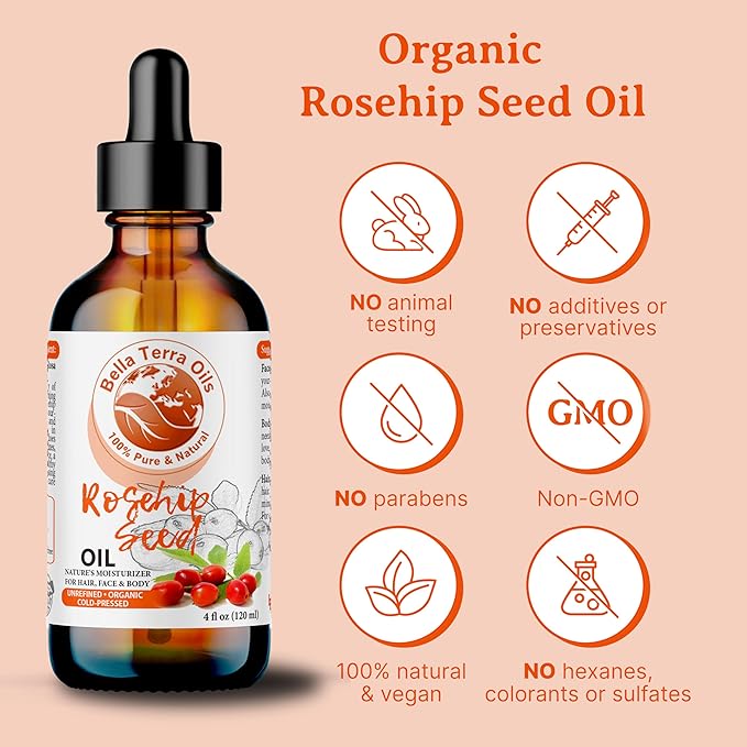 Bella Terra Oils Organic Rosehip Oil for Face, Pure Cold-Pressed Rose Hip Seed Oil for Skin & Hair, Natural Moisturizer & Anti-Aging Facial Oil 16oz