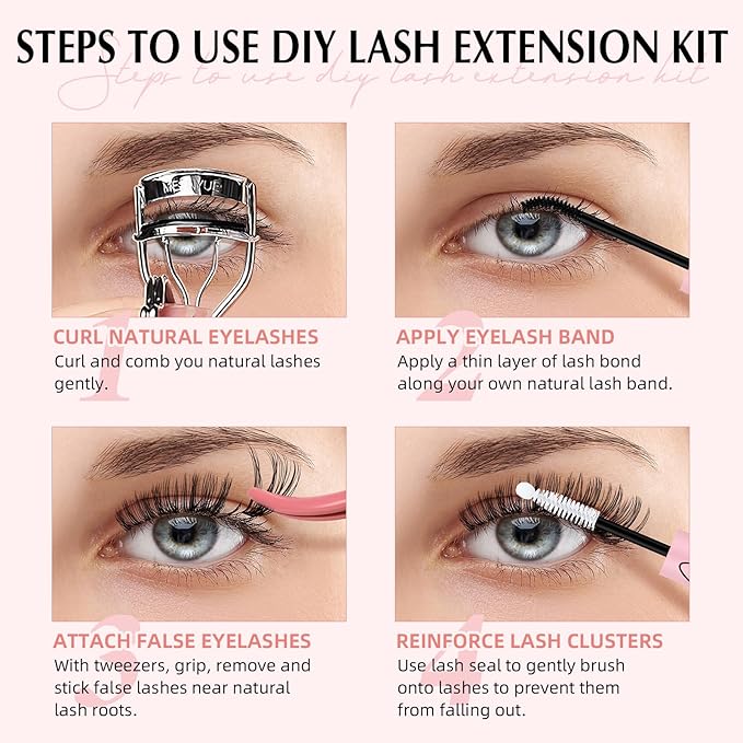 Lash Extension Kit 300PCS Lash Clusters Kit D Curl Eyelash Cluster 8-16mm 30D 40D 50D Individual Lashes Kit with Lash Bond and Seal Lash Tweezers（30D+40D+50D-D Kit, 8-16MIX）