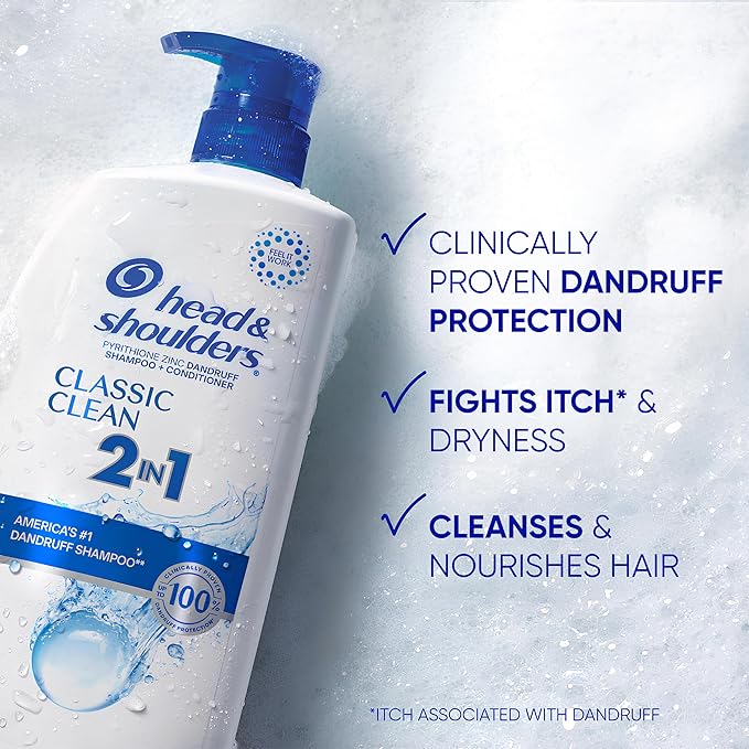 Head & Shoulders Anti-Dandruff Shampoo and Conditioner, Classic Clean 2-in-1 Twin Pack, 1% Pyrithione Zinc, Flake Control, Scalp Care, Color-Safe, 32.1 fl oz Each