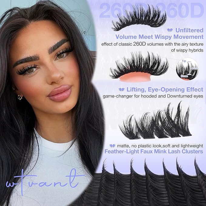 Lash Clusters Manga Eyelash Clusters Wispy Lashes Clusters with Spikes 260D Fluffy Individual Lashes 12-20mm Volume Eyelash Cluster Extensions Thick False Eyelashes Cluster Lash Extensions