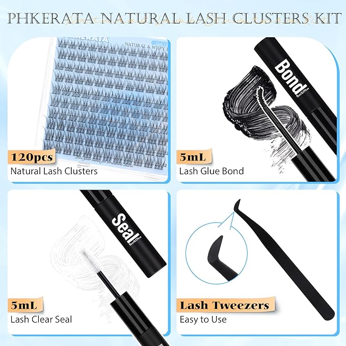 Wispy Lash Extension Kit Natural Lash Clusters Kit DIY Eyelash Clusters at Home 120 pcs Cluster Eyelash Extensions Kit Individual Lashes with Lash Glue Bond and Seal and Tweezers, 9-12 mm Mix