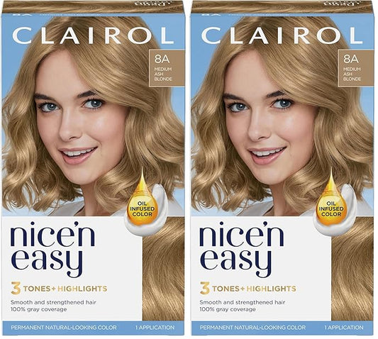 Clairol Nice'n Easy Permanent Hair Dye, 8A Medium Ash Blonde Hair Color, Pack of 2