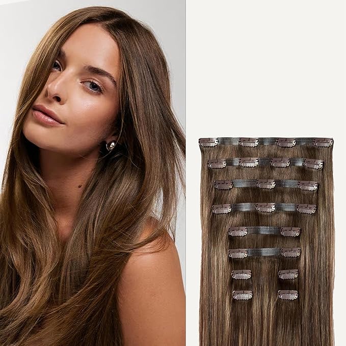 Luxy 100% Remy Human Hair - Seamless Clip-In Hair Extensions - Multi-Dimensional Color for Natural Blending, Adds Volume & Length 240 grams 24" Dimensional Rooted Sunkissed Brown