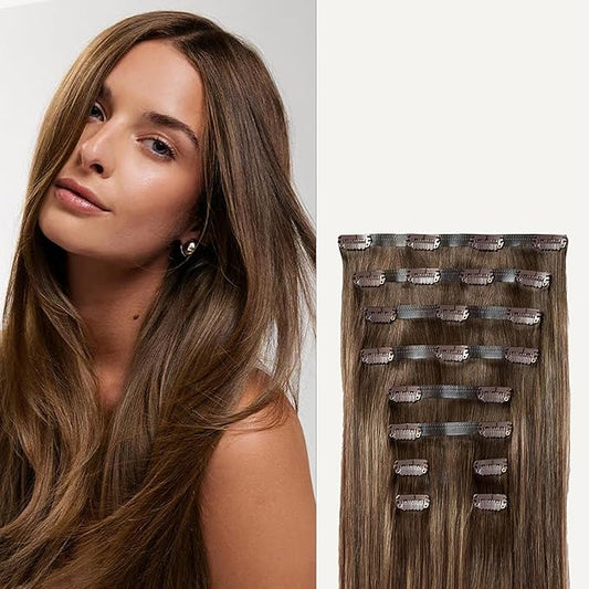 Luxy 100% Remy Human Hair - Seamless Clip-In Hair Extensions - Multi-Dimensional Color for Natural Blending, Adds Volume & Length 240 grams 24" Dimensional Rooted Sunkissed Brown