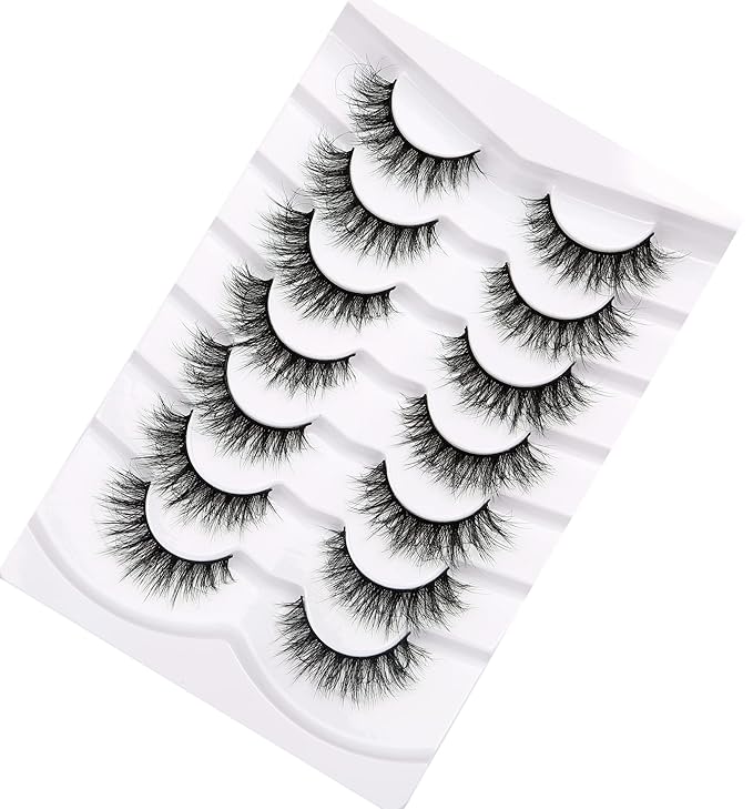 Pooplunch False Eyelashes Cat Eye Lashes 8D Volume Thick Crossed Natural Faux Mink Lashes Fake Eyelash Strips 7 Pairs Pack