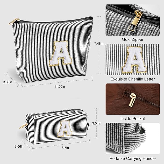 YOOLIFE Initial Makeup Bag - Trendy Monogram Cute Makeup Bags - Black