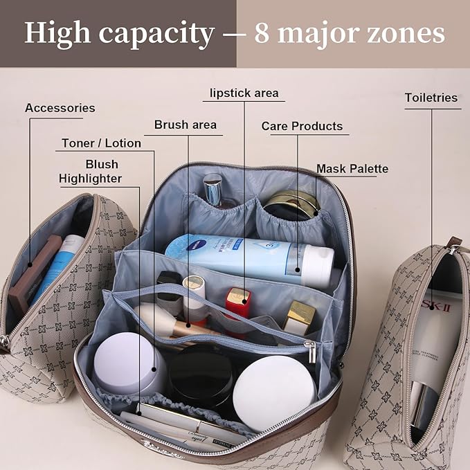 BOYATU Travel Makeup Bag Cosmetic Bags for Women: 3 Pcs Set Large Portable Make up Bag with Handle - Vegan Leather Toiletry Bags with Compartments - Makeup Organizer for Travel Essentials(A-3-Khaki)