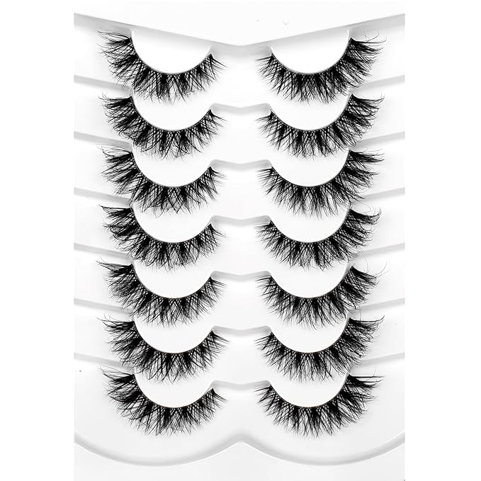 Pooplunch False Eyelashes Cat Eye Wispy Lashes Natural Short 8D Faux Mink Lashes Fake Eyelashes Strips 7 Pairs Pack
