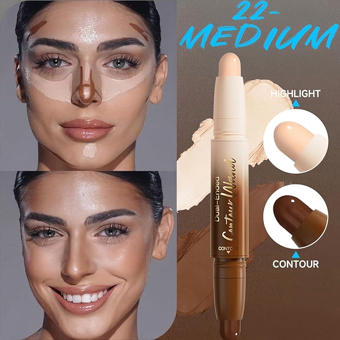 MAEPEOR Contour Highlighter Stick 2 in 1 Smooth Natural Glow Cream Bronzer and Highlighter Stick Long Lasting Non-greasy and Non-drying Brightening Pen (02 Medium)
