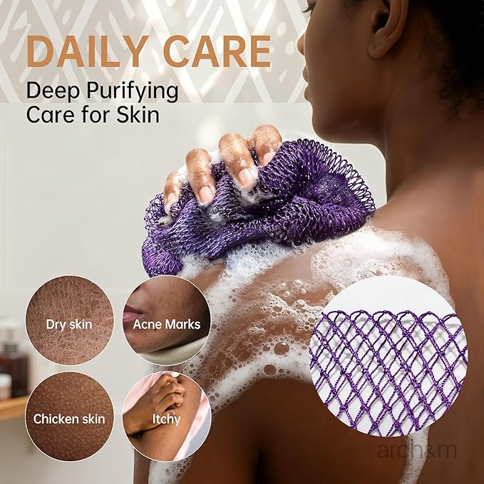 African Exfoliating Net Sponge Afroscrub - Authentic African Net Sponge with Knots Exfoliating Wash Cloths for Body Scrubber Back Scrub Exfoliator for Shower Bath Black by ARCH&M