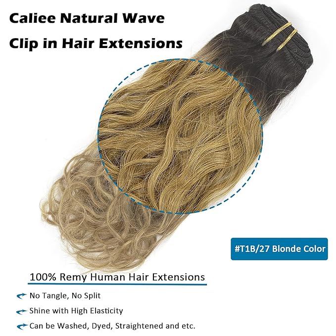 Caliee Natural Wave Human Hair Curly Clip in Hair Extensions Ombre Natural Black Fading into Strawberry Blonde Clip Ins 16Inch 120G Remy Human Hair Extensions for Black Women 7Pcs
