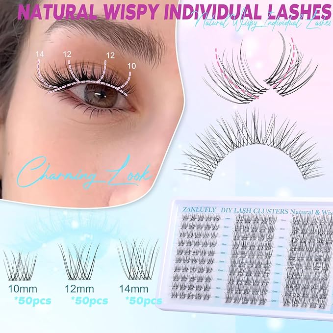Clear Band Lash Clusters Natural Lash Extensions Wispy Cluster Eyelash Extensions 10-14mm C Curly Eyelash Clusters DIY Individual lashes 150PCS Cluster Lashes by zanlufly