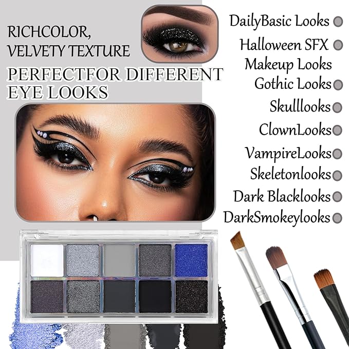 Black Grey Smoky Eyeshadow Palette,15 Colors Matte Shimmer Pigmented Eye Shadow Makeup Palette Set with 3 Eyeshadow Brushes,Glitter Eyeshadow Makeup Palette for Daily Halloween Goth Makeup(E)