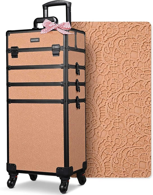 BYOOTIQUE 4in1 Cosmetology Rolling Case Nail Tech Storage Cart Makeup Torrley Travel Barber Suitcase False Eyelash Storage for Beauty Studio Nail Salon Wedding Make up Attist Manicurist,Rococo Coral