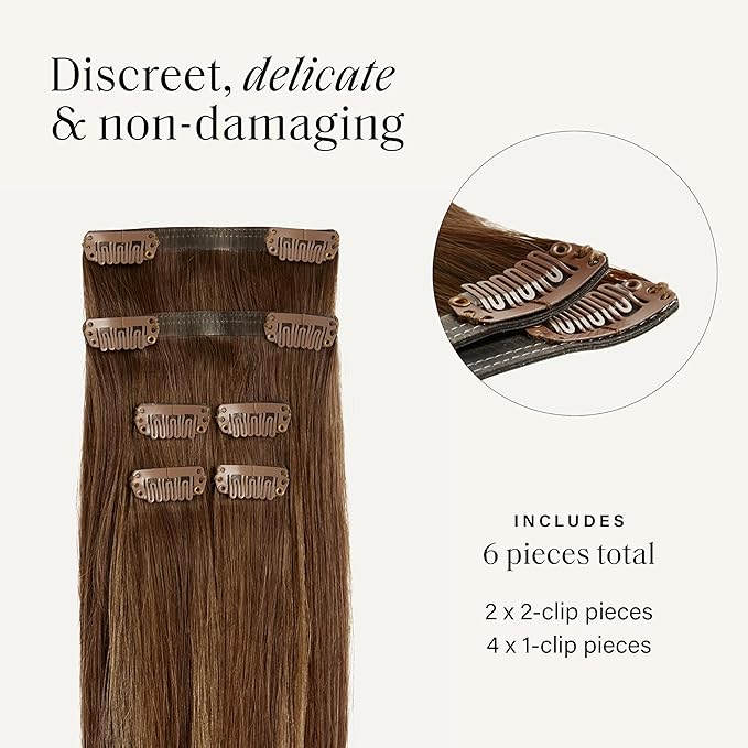 Luxy 100% Remy Human Hair Extensions for Thin Hair Thinning Hair Fill-Ins – 6 Seamless Wefts Multi-Dimensional Color Blend - Natural-Looking Volume & Coverage 80 grams 16" Chestnut Brown Balayage