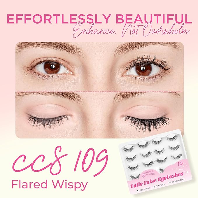 BEPHOLAN Ultra-thin False Eyelashes With Tweezers 10 Pairs Eyelashes Pack Wispy Lashes Natural look Cat Eye Lashes Strip Lightweight Lashes with Soft Clear Band(109)