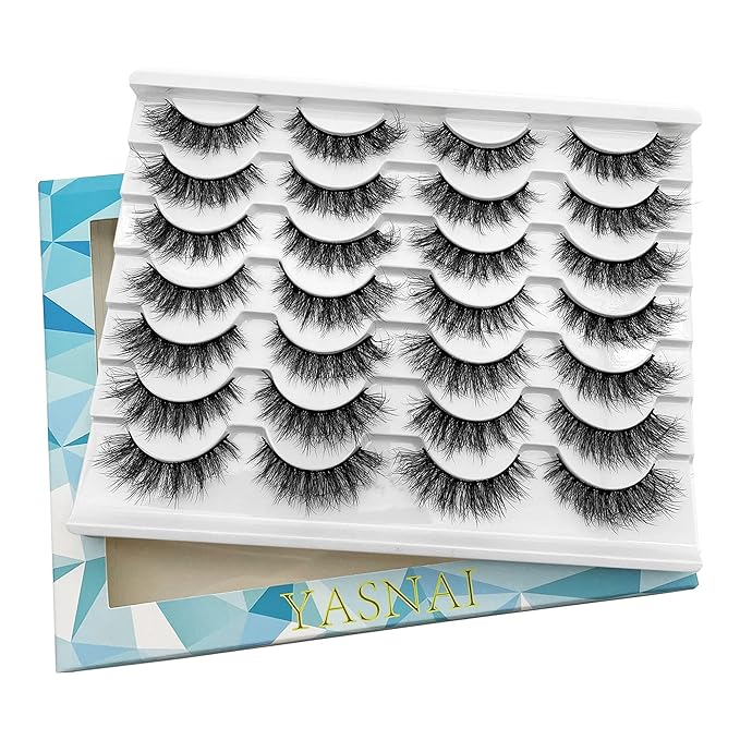 False Eyelashes Fluffy Faux Mink Lashes, Yasnai Natural Eyelashes，14 Pairs Pack 9D Wispy Cat Eye Fake Lashes