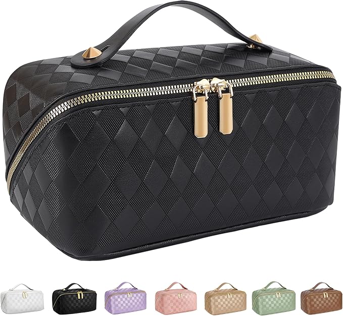 Large Capacity Travel Cosmetic Bag - Portable Makeup Bags for Women Waterproof PU Leather Checkered Makeup Organizer Bag with Dividers and Handle,Toiletry Bag for Cosmetics