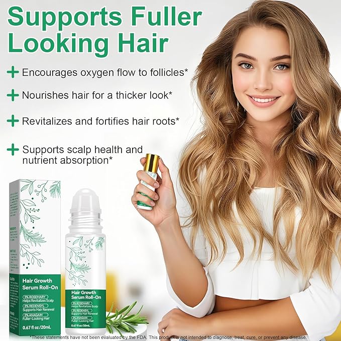 Rosemary Hair Growth Serum Roll On, Hair Thicker Serum with 3% Rosemary, 3% Redensyl & 2% Anagain, Scalp Serum, Reduces Hair Fall & Follicle Strengthener, Thicker, Fuller Hair, All Hair Types (1PCS)