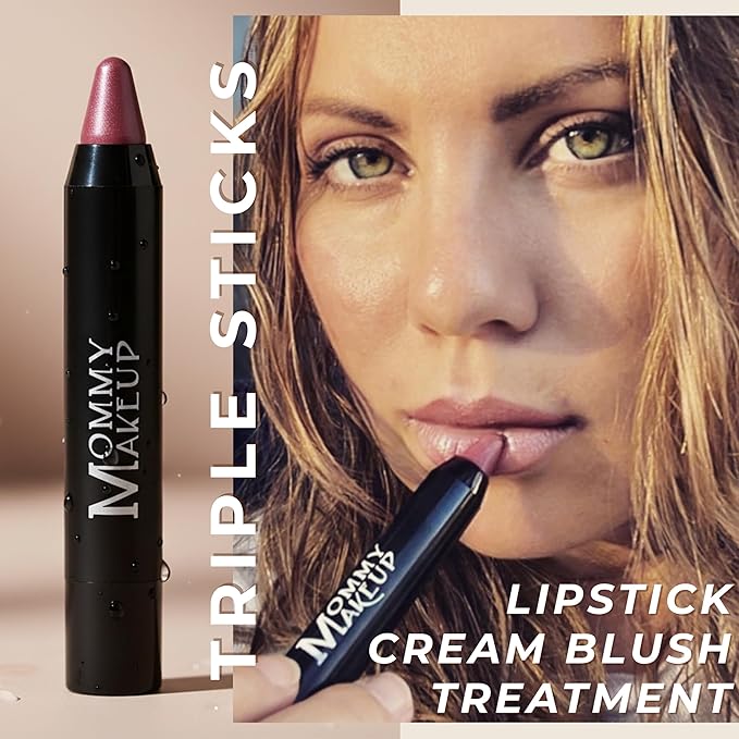 Mommy Makeup Triple Sticks Lipstick, Cream Blush & Teatment All-In-One with Shea & Cocoa Butter - Soft & Creamy Moisturizing Lip Crayon For Lips & Cheeks (Pink Daisy)