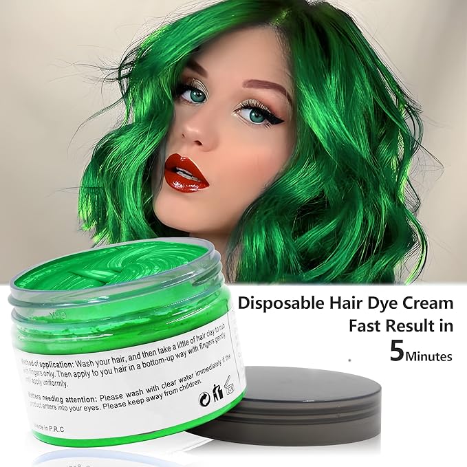 Green Temporary Hair Dye Wax Natural Instant Hair Color Wax Pomades 4.23 oz, Hair Styling Clay for Party, Cosplay, Halloween, Christmas