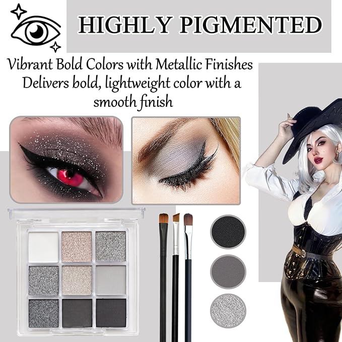 Black Grey Smoky Eyeshadow Palette,15 Colors Matte Shimmer Pigmented Eye Shadow Makeup Palette Set with 3 Eyeshadow Brushes,Glitter Eyeshadow Makeup Palette for Daily Halloween Goth Makeup(D)