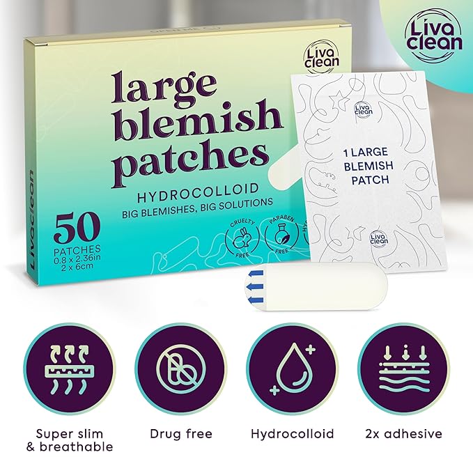 50CT Large Pimple Patches for Face Nose Spots Pores - XL Blemish Patches Acne Patch for Chin Forehead Body - Hydrocolloid Bandages for Acne - Big Clear Zit Stickers Large Hydrocolloid Patch Strips