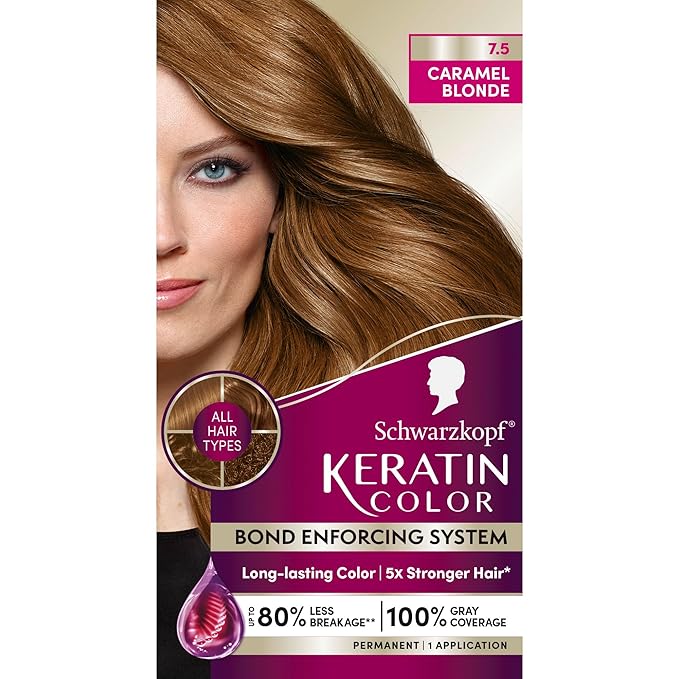 Schwarzkopf Keratin Permanent Hair Dye Cream, 7.5 Caramel Blonde, Professional Quality Color for Up to 100% Gray Coverage, Bond Enforcing System