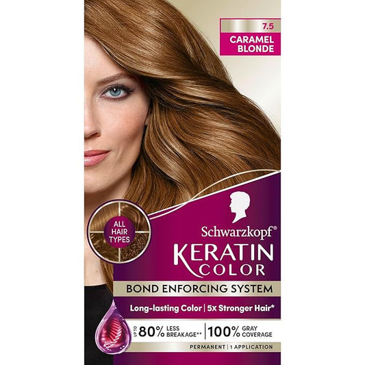 Schwarzkopf Keratin Permanent Hair Dye Cream, 7.5 Caramel Blonde, Professional Quality Color for Up to 100% Gray Coverage, Bond Enforcing System