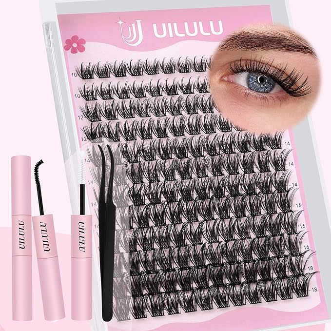 Lash Clusters Kit for DIY Lash Extension at Home, False Eyelashes Set with Bond and Seal, Lash Remover, Tweezers, D Curl Wispy Individual Clusters Eye Lash Extensions Kit (U22 DIY Lash Kit)