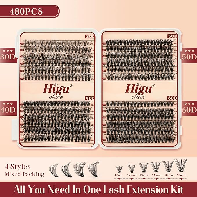 Higu clace Lash Clusters 480pcs 30D+40D+50D+60D Eyelash Clusters 4 Styles Mixed 10-18MM, Wispy Cluster Eyelash Extensions, Easy to Use, Can DIY at Home