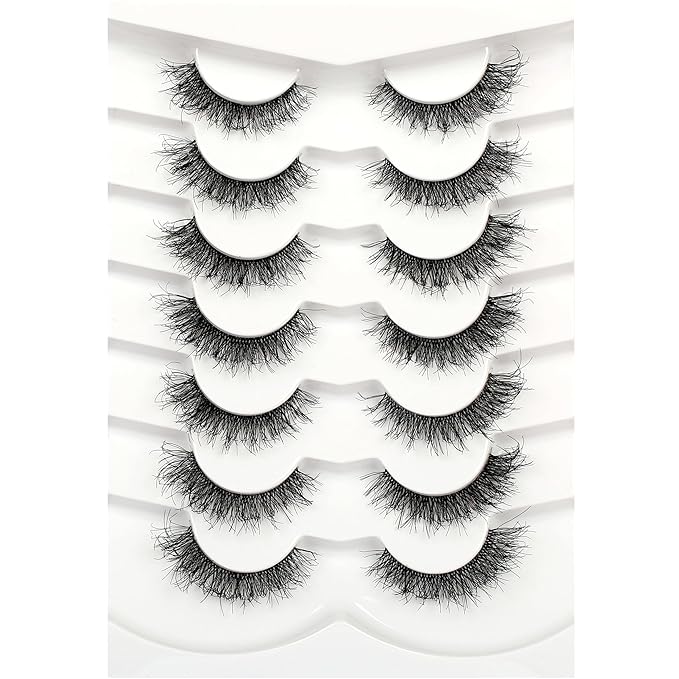 Pooplunch False Eyelashes Cat Eye Look Natural Short Wispy Lashes 8D Crossed Extension Volume Fake Eyelashes Faux Mink Human Hair Lashes 7 Pairs Pack