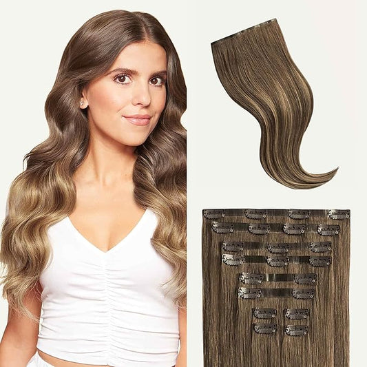 Luxy 100% Remy Human Hair - Seamless Clip-In Hair Extensions - Multi-Dimensional Color for Natural Blending, Adds Volume & Length 240 grams 24" Ash Brown Balayage