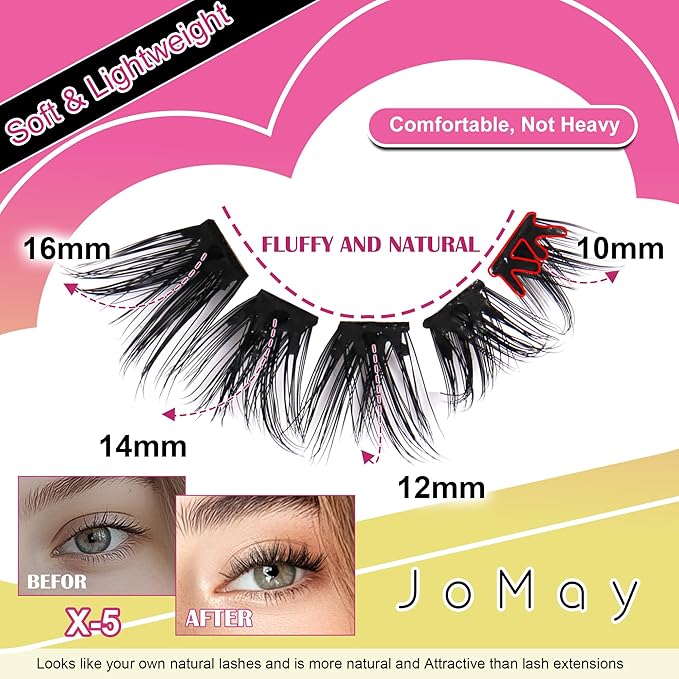 JoMay Self Adhesive Eyelashes, Press on Lashes No Glue Needed, Glueless Lashes Pre-Glued Natural Cluster Extension Kit D Curl For Beginners, No Sticky Residue 1 Step DIY 48PCS 10-16mm X5