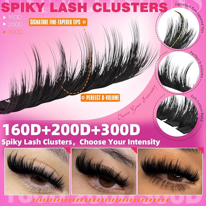 TNFVLONEINS Mink Lash Clusters with Spikes Thick Cluster Eyelash Extensions 3 Styles D-Curly Eyelash Clusters Volume Individual Lashes Fairy Lashes Clusters (240PCS 160D+200D+300D)