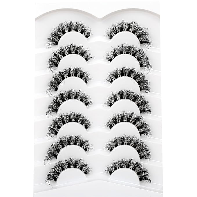 Pooplunch False Eyelash Cat Eye Wispy Lashes D-Curl Extension Volume Natural Wispies Short Clear-Band Fake Eyelashes Faux Mink Lashes Strips 7 Pairs Pack