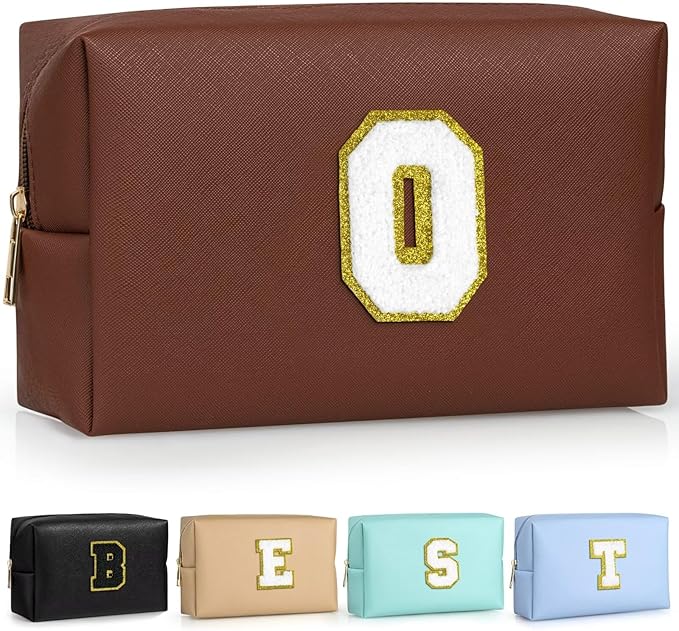 TOPEAST Small Makeup Bag Initial Cosmetic Bag Travel Toiletry Bag, Personalized Birthday Gift for Mom Sister Friends Teacher Nurse, Preppy Travel Stuff for Girls (Brown O)