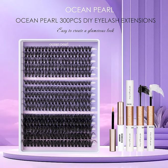 Ocean Pearl DIY Lash Extension Kit 300PCS Lash Cluters 10-20mm 40D 50D 100D Thick Eyelash Extension Kit Long Eyelashes Natural Individual Lashes with Bond&Seal&Remover&Tweezers-300
