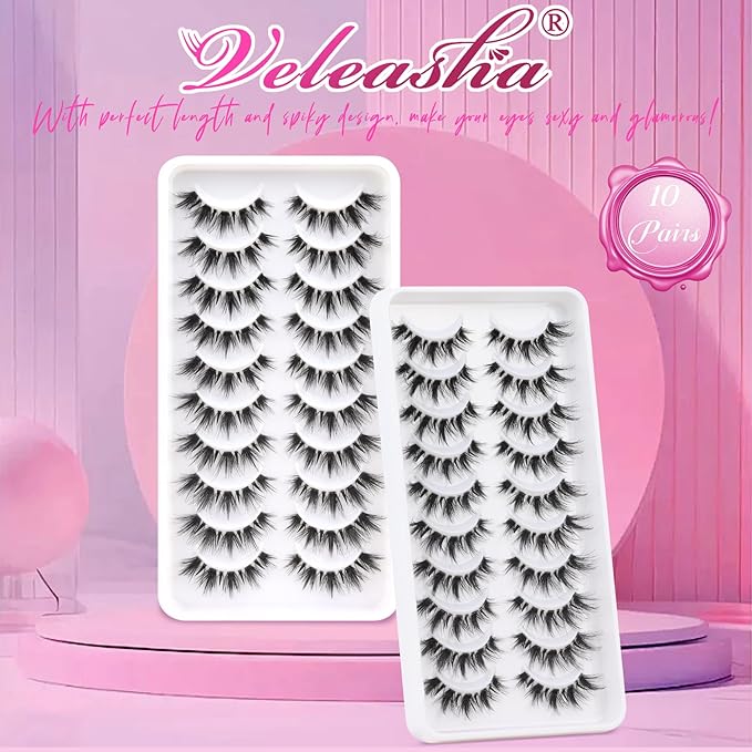 Veleasha Manga Lashes Cat Eye Lashes with Clear Band 7-16MM C Curl Spiky Anime False Eyelashes 6D Effect 10 Pairs Doll Eye Wispy Eyelashes (Spiky02)