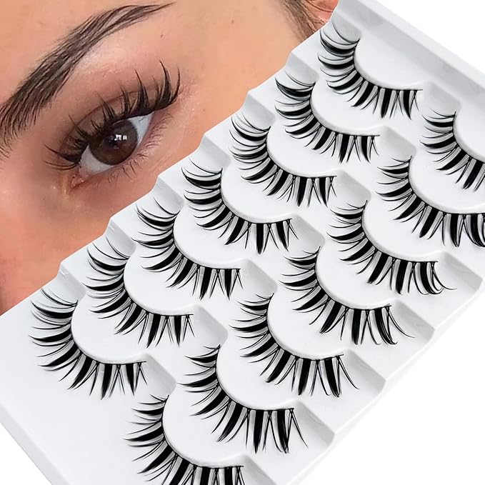 NINGLASH Fairy Lashes Manga Lash False Eyelashes Natural Look Anime Lashes Fake Lashes 16mm Eye Lashes Strips Lashes Wispy False Lashes Clear Band 7 Pairs Pack Spikes Lash