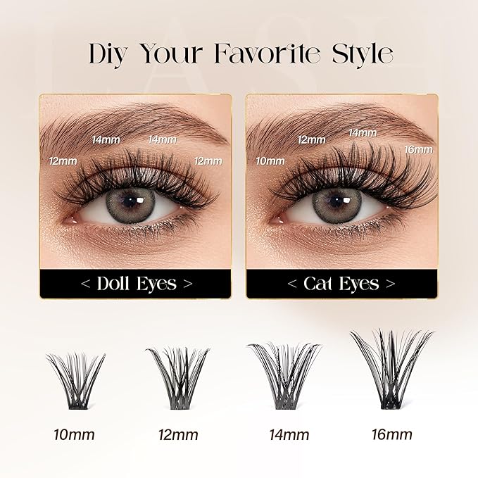 BEFER Lash Clusters, 240 Pcs D Curl Eyelash Clusters Volume Individual Lashes Extensions 10-16MM Fluffy Cluster Eyelash Wispy Cluster Lashes DIY At Home(70P)