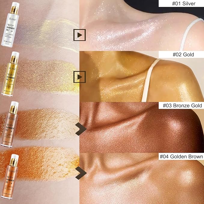 Shimmer Oil 100ml, Moisturizing Long Lasting Body Luminizer Face Brighten, Waterproof Liquid Illuminator Glow, Glitter Oil Highlighter Summer Glowing Makeup (#03 Bronze Gold)