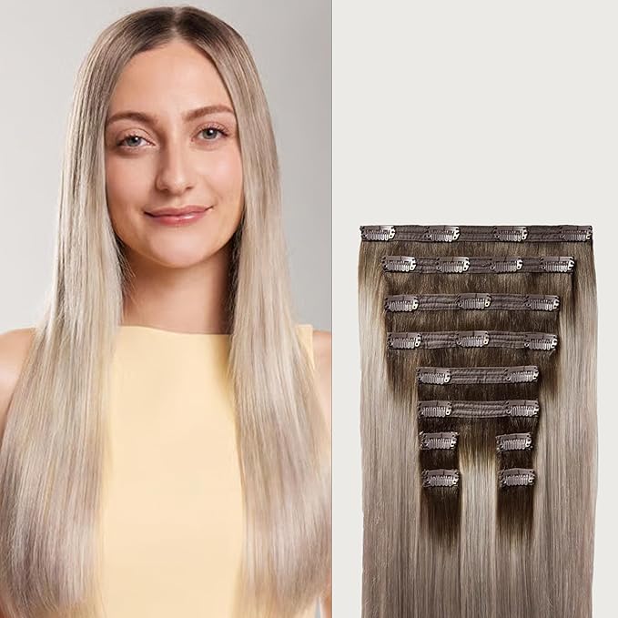 Luxy 100% Remy Human Hair, Classic 160g Clip-In Hair Extensions - 10 Wefts Multi-Dimensional Color for Natural Blending, Adds Volume & Length, Easy Apply & Remove 20" Dimensional Rooted Ash Blonde