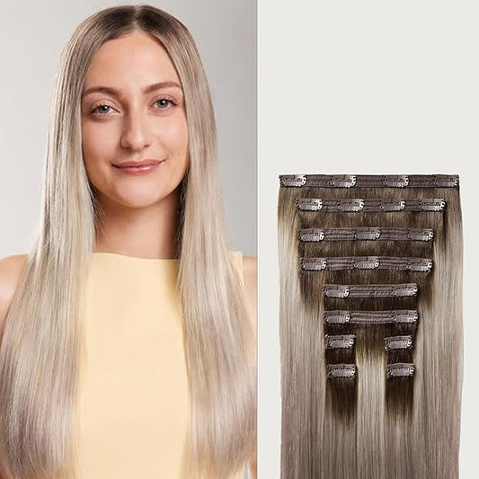 Luxy 100% Remy Human Hair, Classic 160g Clip-In Hair Extensions - 10 Wefts Multi-Dimensional Color for Natural Blending, Adds Volume & Length, Easy Apply & Remove 20" Dimensional Rooted Ash Blonde