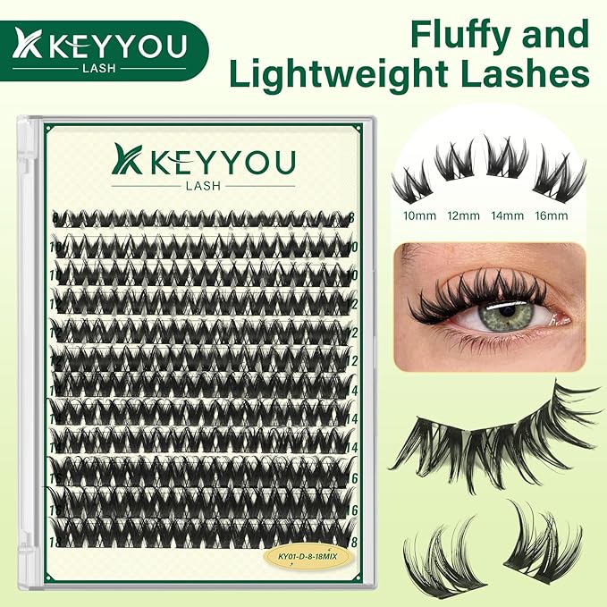 KEYYOULASH Lash Clusters Widespan Volume 120pcs Eyelash Clusters D Curl Lashes Clusters for Beginner DIY Thick Cluster Eyelash Extensions at Home(KY01-8-18MIX)