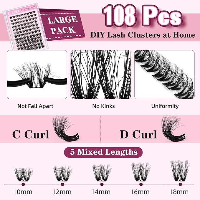 Lash Clusters Kit for DIY Lash Extension at Home, False Eyelashes Set with Bond Seal, Lash Remover, Brush, Tweezers, D Curl Wispy Individual Clusters Eye Lash Extensions Kit (U10 DIY Lash Kit)
