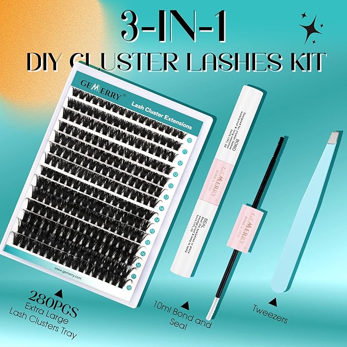 GEMERRY DIY Lash Extension Kit for Beginners 280 PCS Individual Lash Clusters Kit 0.07D 10-18 MIX Eyelash Extension Kit Lash Glue for Eyelash Extensions(80D-0.07D,10-18MIX-KIT)