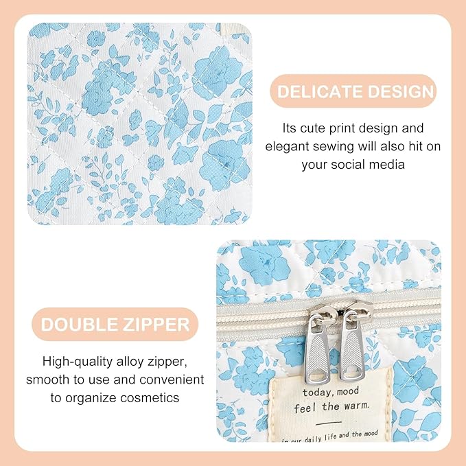 Makeup Bag for Women 3PCS Quilted Cotton Make Up Bag Travel Cosmetic Bag Large Makeup Bag Set Cute Bag Organizer Floral Toiletry Pouch for Purse, Azure Blue