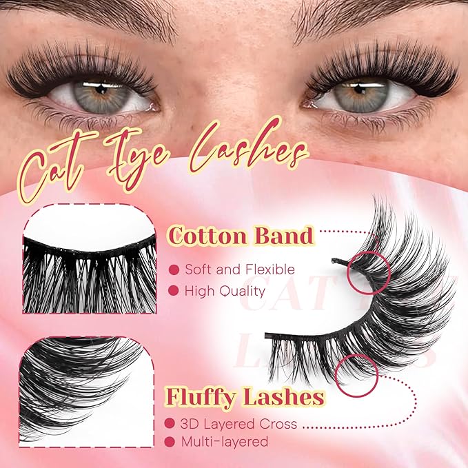 Ahrikiss Lashes Fluffy False Eyelashes Cat Eye Lashes 8 Pairs Faux Mink Lashes Full Strip Lashes Kit with Lash Glue and Lash Tweezers Soft Fake Lashes Lightweight Eyelashes (Fancy)