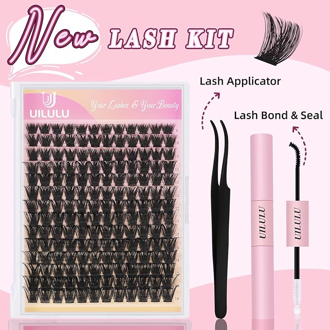 Lash Clusters Kit for DIY Lash Extension at Home, False Eyelashes Set with Bond and Seal, Remover, Tweezers, D Curl Wispy Individual Clusters Lashes Eye Lash Extensions Kit (U02 DIY Lash Kit)